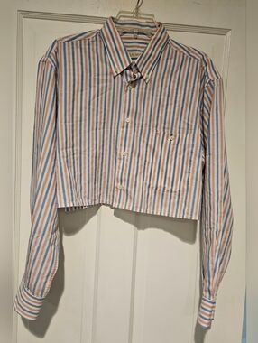 Cropped Striped Button-Down Shirt in Light Blue & Peach